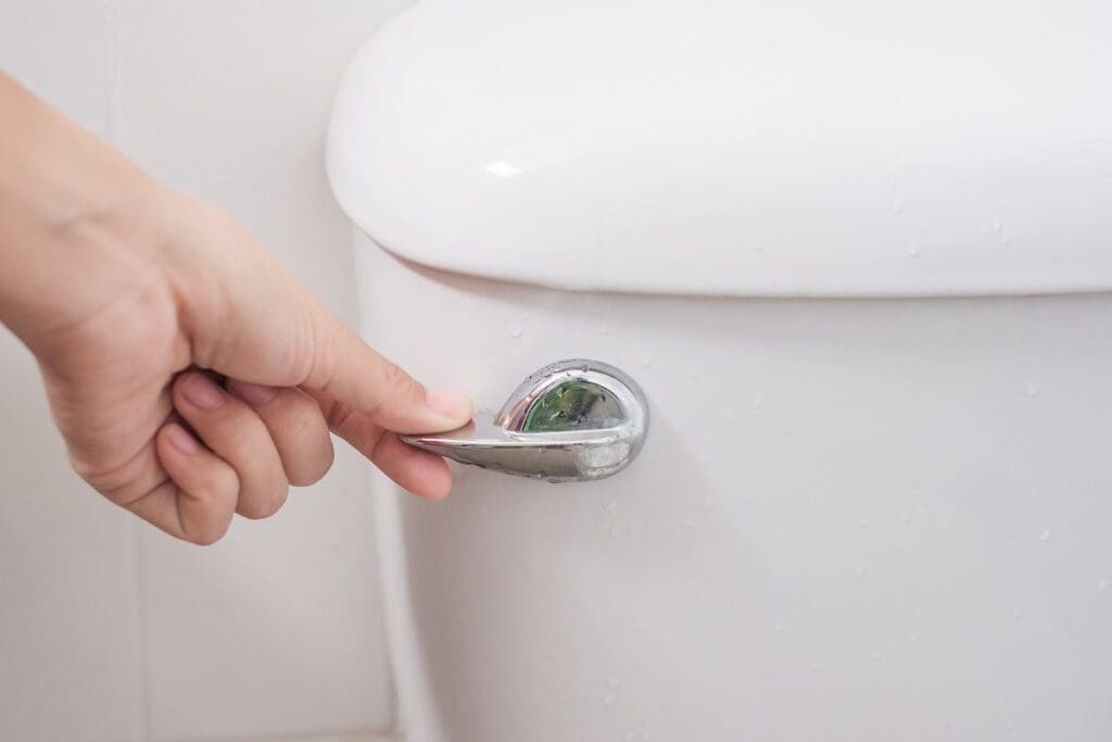 hand pressing toilet flush handle